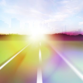 Colorful abstract illustration of a highway at high speeds traveling towards a city horizon around sunset.