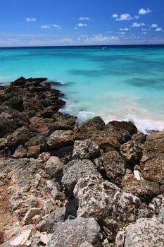 The rocky coastline and crystal clear waters off the Caribbean island of Barbados.