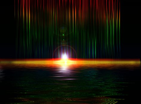 Artwork with rays, colored stripes, reflections on water