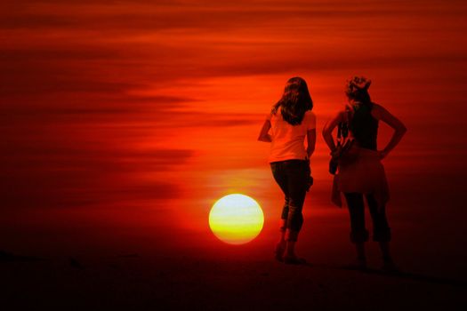 An abstract background of two women watching the sun go down.