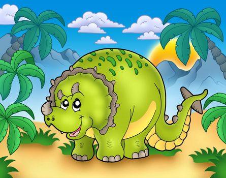 Cartoon triceratops in landscape - color illustration.