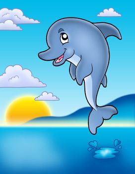 Cute jumping dolphin with sunset - color illustration.