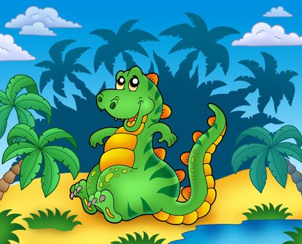 Cute sitting dinosaur with palms - color illustration.