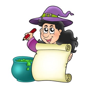 Cute witch holding scroll - color illustration.