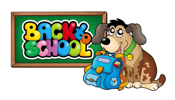 Dog with school bag and chalkboard - color illustration.