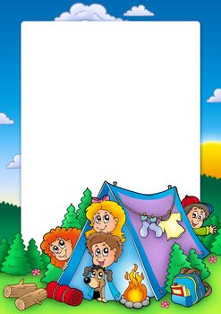 Frame with group of camping kids - color illustration.