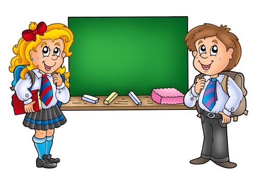 Girl and boy with old chalkboard - color illustration.