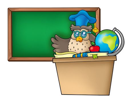 Owl teacher behind desk - color illustration.