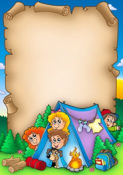 Scroll with group of camping kids - color illustration.