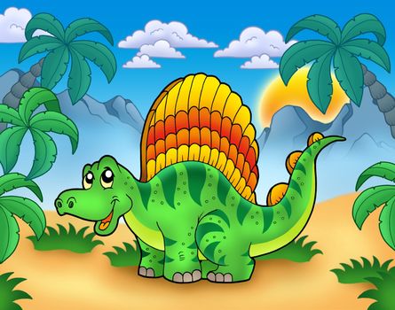 Small dinosaur in landscape - color illustration.