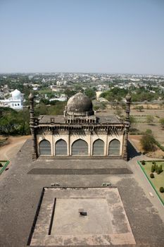 A birdseye view of the structure of the tomb at the ancient Gol Gumaz site in Bijapur, India.