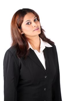 A portrait of a smart Indian businesswoman, on white studio background.