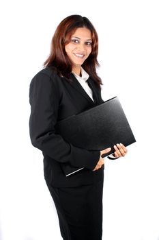 A confident Indian businesswoman with a file, on white studio background.