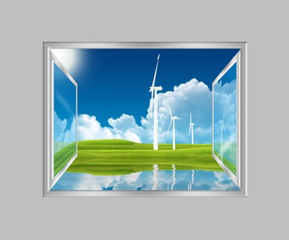 open window on a landscape with wind turbines