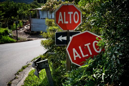 Alto signs at intersection in Santa Elena Costa Rica