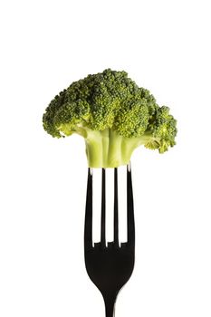 one fresh green broccoli on a fork
