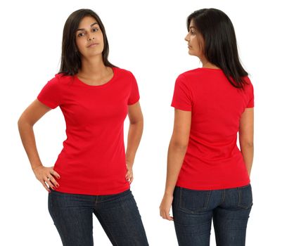 Young female with blank red t-shirt, front and back. Ready for your design or artwork.