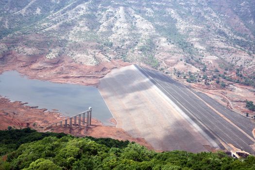 A birdseye view of the construction of a new dam in India.