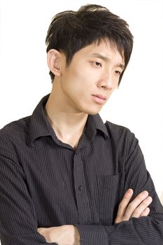 asia man in thinking pose isolated on a white background. 