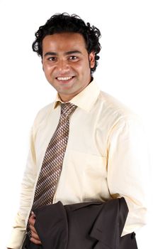 A portrait of a handsome young Indian businessman in a traditional attire, on white studio background.