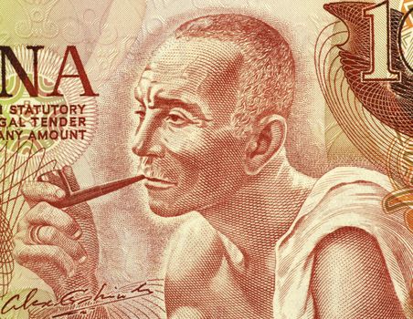 Man smoking a pipe on 10 cedis 1978 banknote from Ghana.