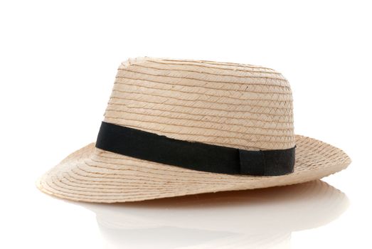 Straw hat withe black ribbon isolated on white background.