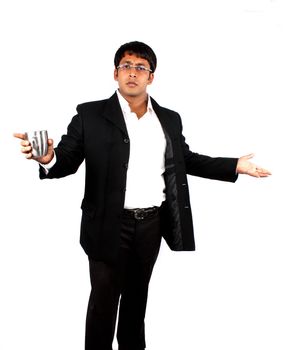 An Indian businessman / boss with 'What's the Problem?' gesture, on white studio background.
