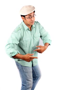 An Indian actor in a funny mood, on white studio background.