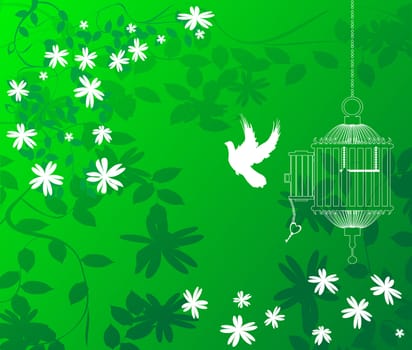 A green floral background with a bird flying out of a cage