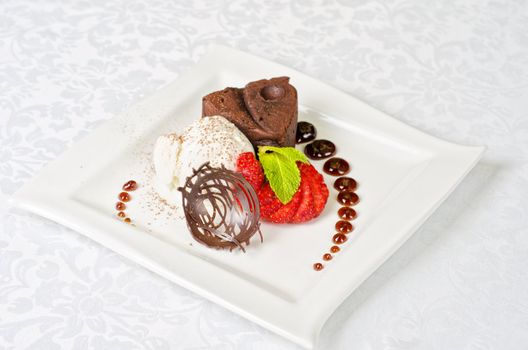 Chocolate flan with strawberries and chocolate, a wonderful dessert
