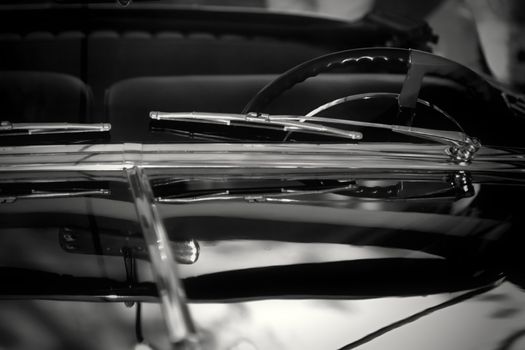 Classic car detail , shallow DOF black and white photo