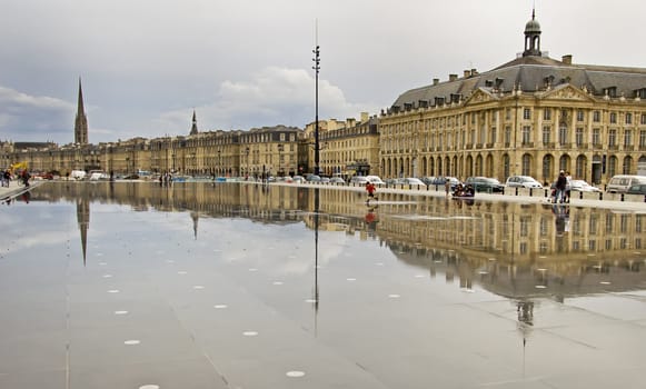 Reflection of Place De La Bourse in Bordeaux, France. A Unesco World Heritage Site.