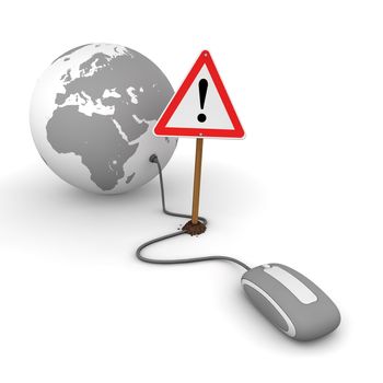 grey computer mouse is connected to a grey globe - surfing and browsing is blocked by a red-white warning sign that cuts the cable