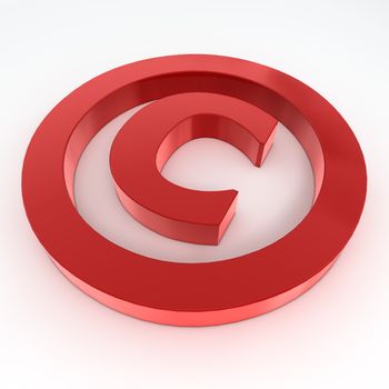 red shiny and glossy copyright sign laying on a white ground