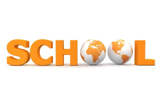 orange word SCHOOL with two 3D globes replacing the letters O