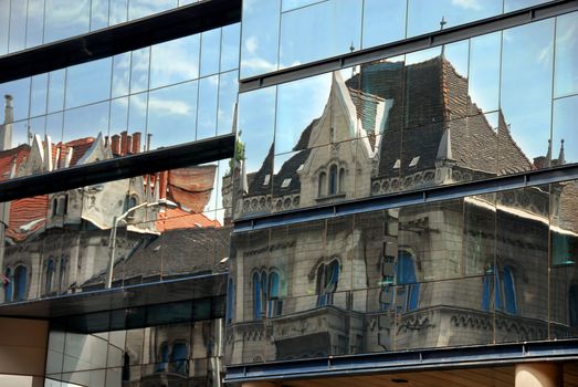buildings reflection in glass mirror in Budapest, Hungary