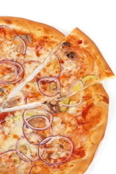 vegetable pizza closeup with tomato, Bulgarian pepper, onion, olive, champignons and mozzarella cheese