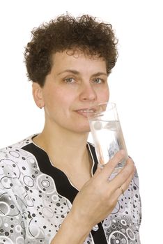 curly woman with glass of water on white background