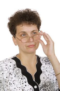 curly woman with spectacles on white background