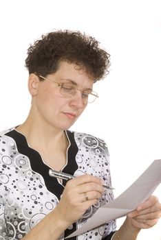 curly woman with sheet of paper and handle on white background