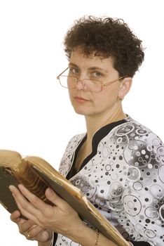 curly woman with spectacles and book on white background