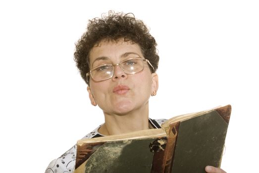 curly woman with spectacles and book on white background