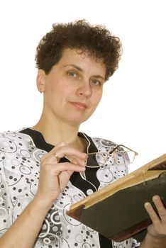 curly woman with spectacles and book on white background