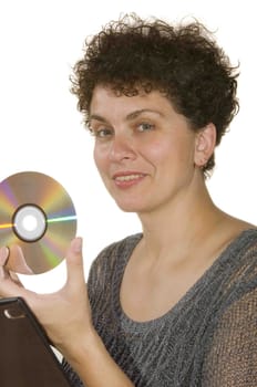 woman on a white background holding a CD