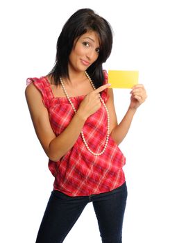 attractive hispanic woman on a white background holding school or office supplies