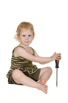 girl with a big screwdriver on a white background