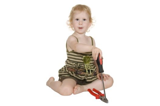 girl with a screwdriver and pliers on a white background