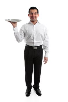 Smiling waiter or servant holding a silver tray.  White background.