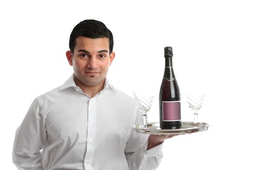A cafe or restaurant waiter or barman carrying a tray with wine and glasses.  White background.
