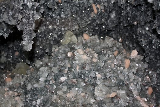 A closeup view of the crystallized structure inside an open broken rock.